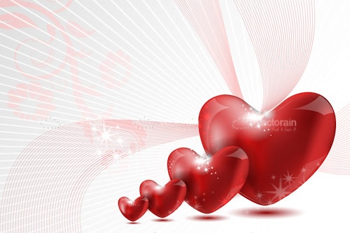 4 Small to Large Glossy Red Hearts on a White and Pink Background